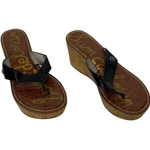 Sam Edelman Women's Romy Thong Sandal Black Patent Leather Wedge Platform Sz 7.5